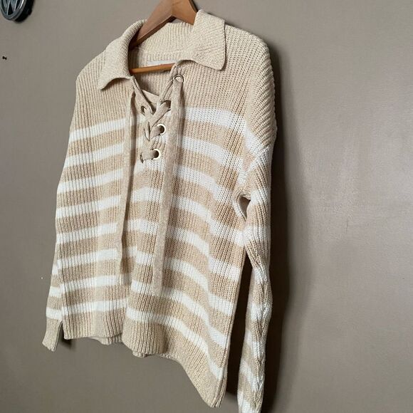 LOFT V-Neck Sweater with Lace-Up Detail collared pullover sz XS neutral EUC - Picture 3 of 13